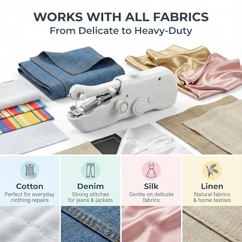 Image of Portable Handheld Sewing Machine for Adults - Mini Hand Held Sewing Stitching Machine for Beginners - Small Electric Cordless for Quick Fabric Home Travel Clothes Pants DIY Fabric Denim (White)