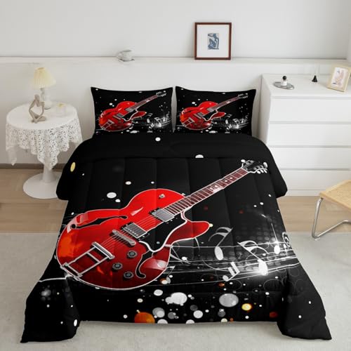 Castle Fairy Red Guitar Full Size Comforter Set Rock Music Theme Bedding Set for Kids Adults Teens Musical Instrument Comforter Luxury Music Note Quilt Set Room Decor 3Pcs