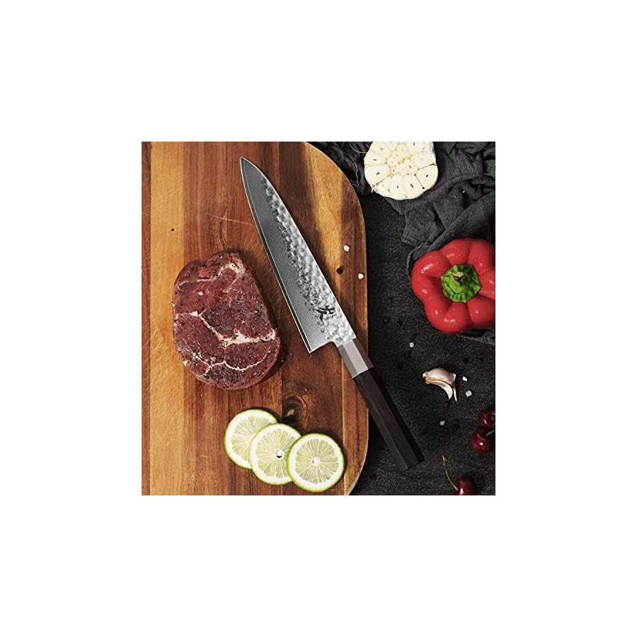 SAMCOOK Japanese Chef Knife - 8 Inch Professional Hand Forged Gyuto Knife - VG-10 Damascus High Carbon Stainless Steel Kitchen Cooking knife - Ergonomic Black Sandalwood Handle with Gift Box