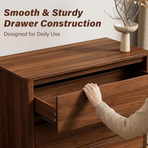 Image of Furniway Walnut 3 Piece Bedroom Set, 5 Drawer Dresser and Nightstands | Includes two 3 drawer nightstands with a Mid Century Modern handleless wood grain design for coordinated bedroom storage