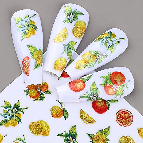 Dornail 8 Sheets Holographic Summer Fruit Nail Stickers 3D Laser Lemon Strawberry Watermelon Flower Leaf Nail Decals Self Adhesive Sticker Diy Nail Design Nail Art Decoration #TOP3