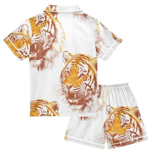 Satin Pajama Sets Short Sleeve Tiger Roar Pattern Button Down Silky Nightwear 2 Piece PJS 5-14Y2