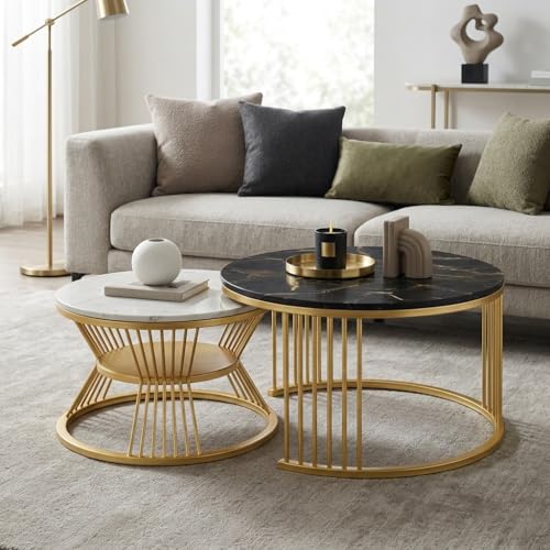 Image of Coffee Table, 20 inch Round Coffee Table Set of 2, Wooden Nesting Table with Metal Frame, Center Tables for Living Room Bedroom Balcony Bedside Table Black