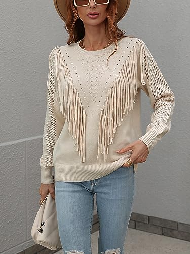 Image of Women's Casual Crewneck Fringe Tassels Crochet Long Sleeve Knitted Fall Sweater Pullover Tops