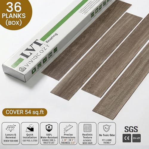 Image of Waterproof Peel and Stick Floor Tile, 54 Sq.Ft Walnut Brown Vinyl Wood Flooring, Easy DIY-Install & Durable for Kitchen, Bedroom, Bathroom, RVs, Rental-Friendly (36-Planks 6 inchx36 inch)