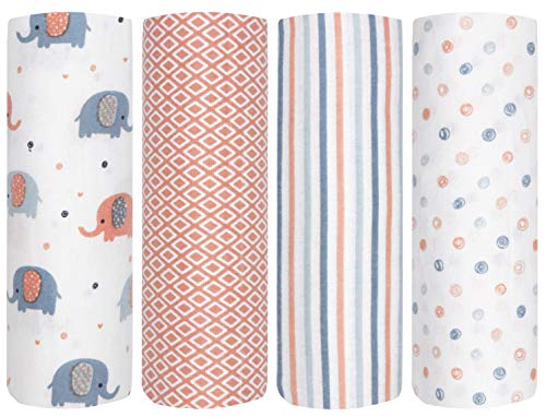 Image of Cuddles & Cribs New Born Cotton Flannel Baby Receiving Blankets - 4 Count (Cute Elephants & Vertical Stripes)