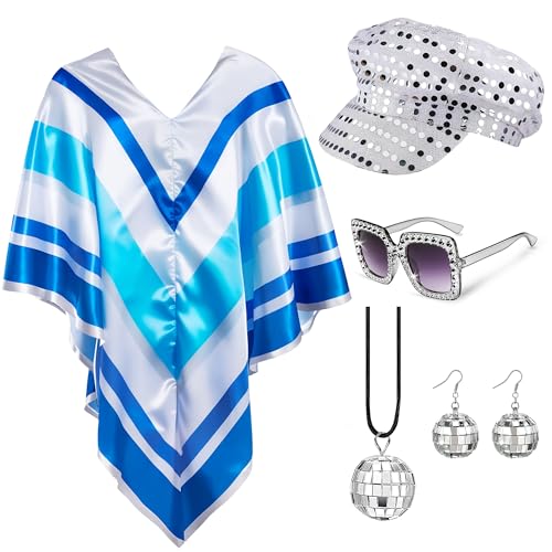 Bryndo 5 Pcs 70s Fancy Dress Set for Women Disco Costume Accessories with Pop Poncho Sequin Beret Hat Square Bling Sunglasses Earrings Necklace for 70s Theme Party Dress Up (Sliver)