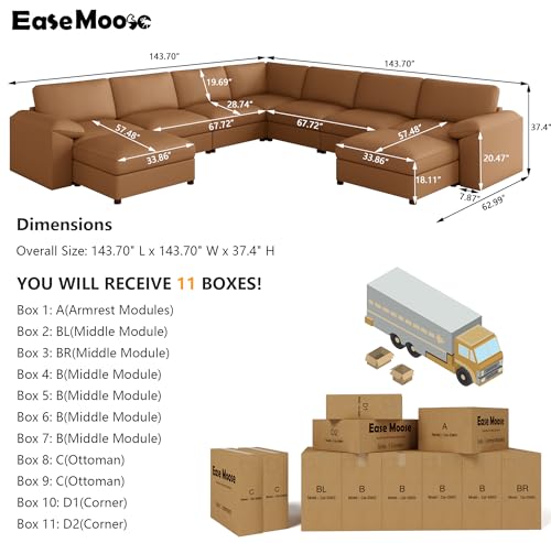 Image of EASE MOOSE Oversized U Shaped Couch,Modular Sectional Convertible Sofa with Wide Deep,Extra Large Faux Leather Scratch Resistant Modern Couch for Big Spaces,Brown