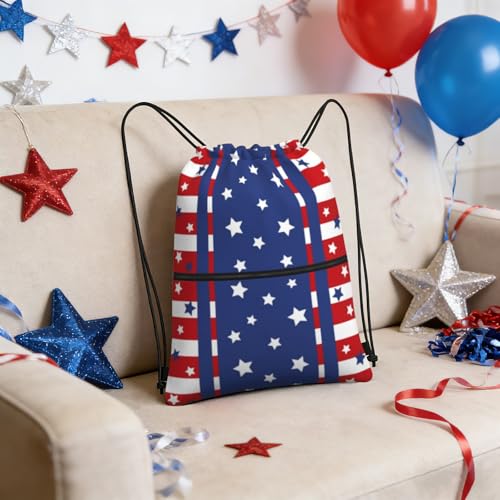 Image of Patriotic Stars Stripes 4th of July Drawstring Bag, Memorial Day Independence Day Red Blue Waterproof Drawstring Bckpack for Gym Sports, Sackpack Bag with Front Zipper Pocket and Inside Zipper Pocket