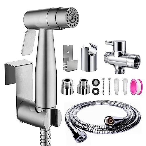 xocome Ensemble de douchette de bidet, double fonction, en acier inoxydable brossé, avec valve en T G1/2