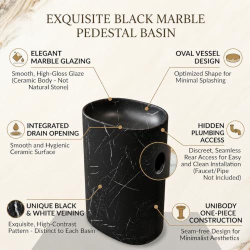 Image of BASSINO 20x14x33 Inch Pedestal Wash Basin /Free Standing Wash Basin /7 Years Warranty /Oval Ceramic One Piece Pedestal Sink for Bathroom /Living Room /Floor Mounted Washbasin(Matt Black Mix Marble)