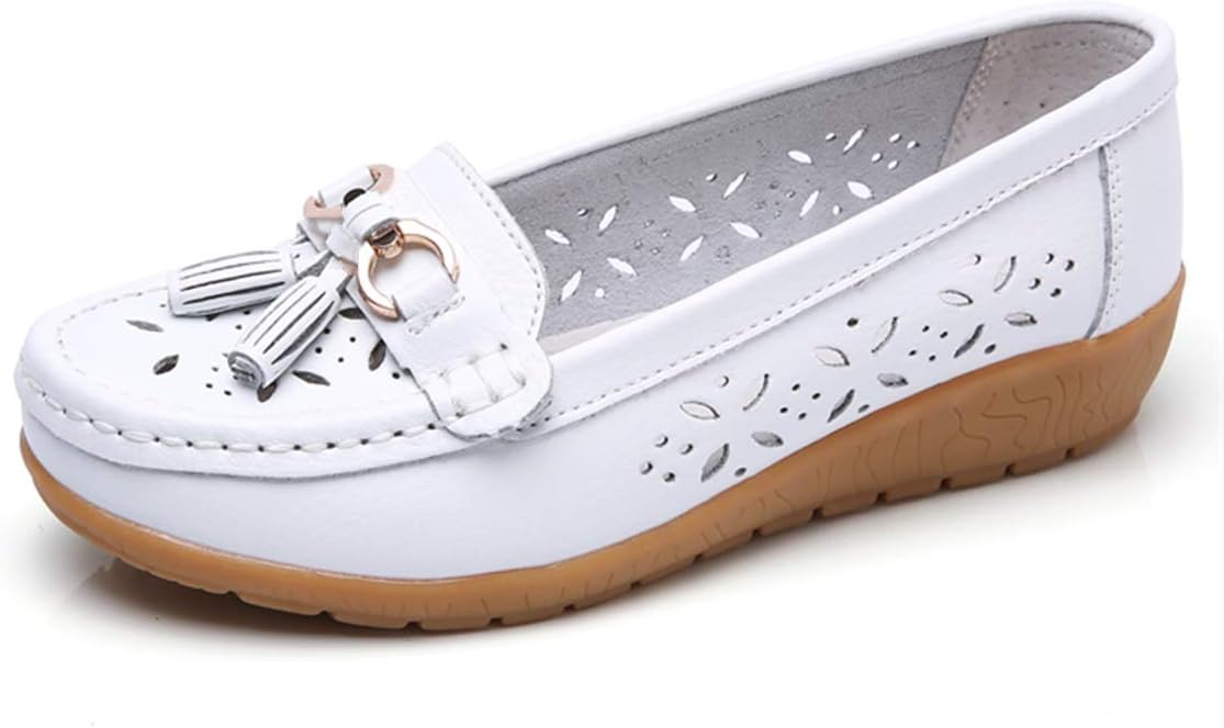 Women Loafers Leather Rubber Sole Slip On Walking Flats Casual Moccasin Boat Shoes (5.5 M US, W-White)