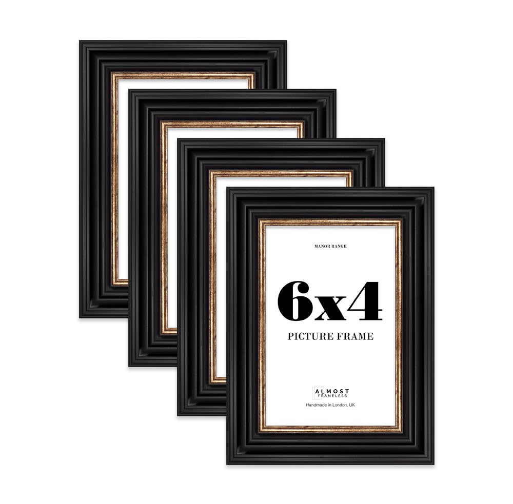 6x4 Picture Frame, Display 6x4 Pictures (10.2 x 15.2cm) - Black & Gold Rich-toned 42mm Edge Wall Art - 4 Pack