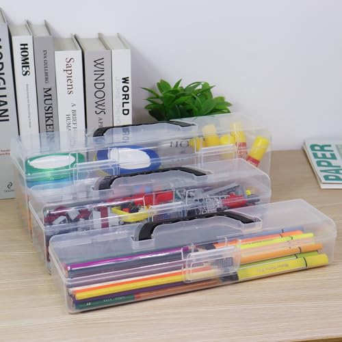 Image of Plastic Storage Container with Lid, Clear Craft Tool Art Supply Sewing Organizer Box with Handle, Small Storage Bin for Paint Brush, Pencils, Crayon, Toys, Ribbons (M 11.8 x 3.54 x 3.46 in)