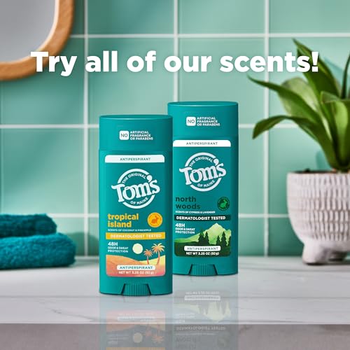 Tom’s of Maine Tropical Island Antiperspirant for Men and Women, No Artificial Fragrances, Dyes, or Preservatives, Baking Soda Free, 48-Hour Odor and Sweat Protection, 3.25 oz
