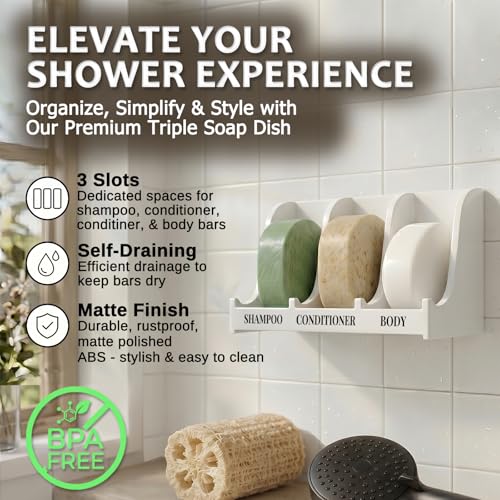 Image of Soap Holder for Shower Wall, 3-Compartment Soap Dish for Shampoo, Conditioner and Body Soap, Fast Draining & Rust-Proof & Heavy Duty, Ultra-Strong Adhesive for Long-Term Bathroom Use & Freestanding