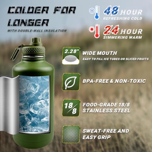 Image of Half Gallon Water Bottle with Sleeve - 64 oz Insulated Water Jug with Handle Tactical Stainless Steel Sports Water Bottle with Strap for Gym Workout Hiking Camping Camo Pouch
