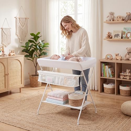 Image of HONEY JOY Changing Table, Folding Nursery Organizer with Open Shelf & Safety Belt, Portable Diaper Changing Station for Newborn (Beige, Basic)