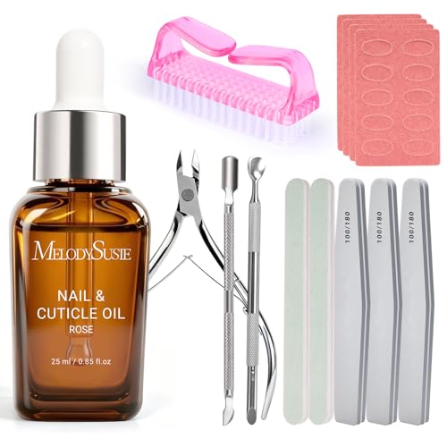 Image of MelodySusie 14PCS Manicure Tools Kit Nail Care Kit with Nail File,Cuticle Trimmer and Pusher,Mini Sandpaper,Nail Brush and Rose Cuticle Oil 25ML