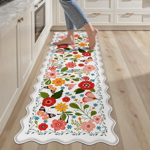 Scalloped Kitchen Mats for Floor Cushioned Anti Fatigue Kitchen Mats Rugs Waterproof Non Slip Farmhouse Boho Floral Comfort Foam Standing Mat for Sink Laundry, White, 17.3x59 Floral- White 1