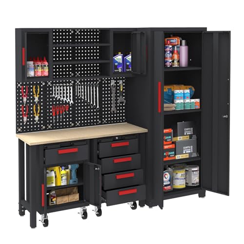 6 Piece Garage Cabinets Storage System: Includes Steel Cabinets, Drawers, Rolling Chest and Pegboard, Garage Workbench with Storage - Perfect for Organizing Garage and Tools, Black