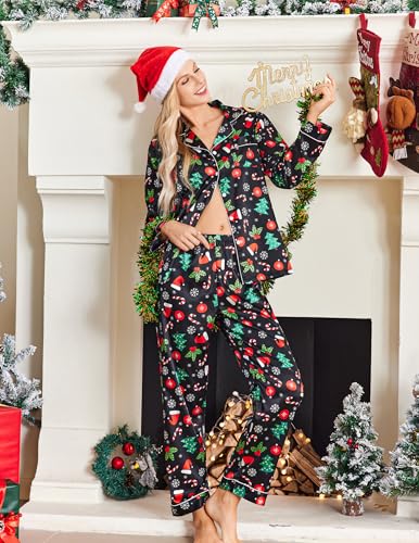Image of Ekouaer Womens Satin Pajama Set Classic Pattern Silky Pj Sets Button Down Sleepwear Loungewear