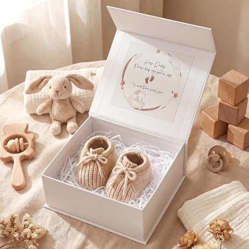 Bunnycool 3 Pcs Pregnancy Announcement to Husband Set Secret Message Magnetic Gift Box 1 Pair Beige Knit Baby Booties & 10g White Raffia Paper Shreds Surprise Baby Shower Reveal Idea for Dad to Be