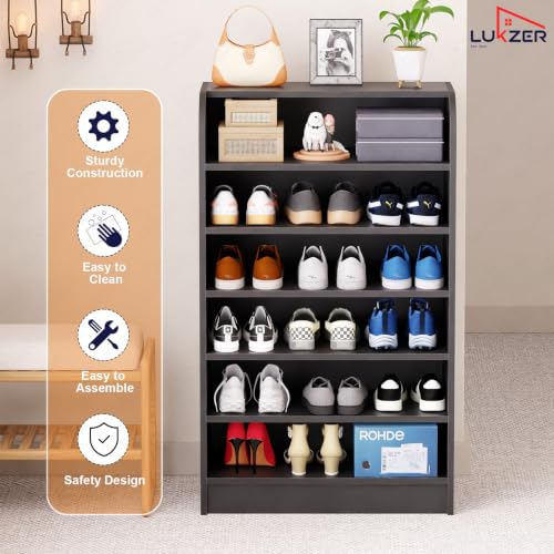 Image of Lukzer 6-Tier Engineered Wood Shoe Rack for Home (SR-005 /Black) Footwear Storage Organizer with Rounded Corner Design, Space-Saving Shoe Stand for Office, Entryway & Living Room (100 x 60 x 30 cm)