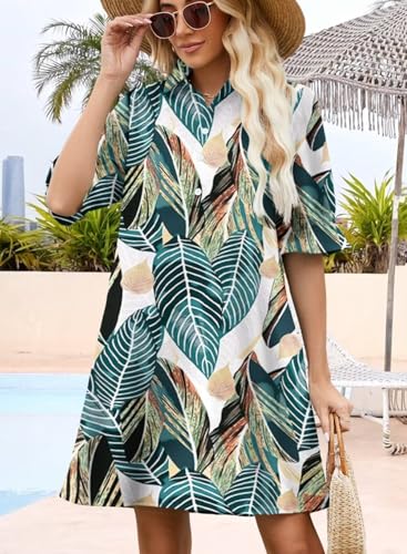 Image of Womens Summer Shirt Mini Dresses 2026 Beach | Flowy Shift Dress, Button V Neck, Polo Collar, Ruffle Short Sleeve, Floral Boho Style, Casual Vacation Outfits with Pockets