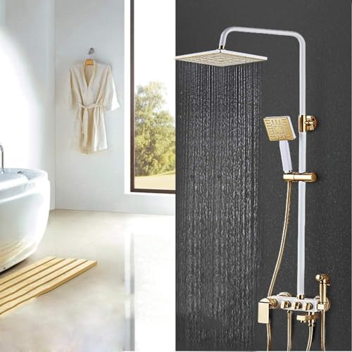 Système de douche carré à double élévation en laiton blanc avec pulvérisateur intégré