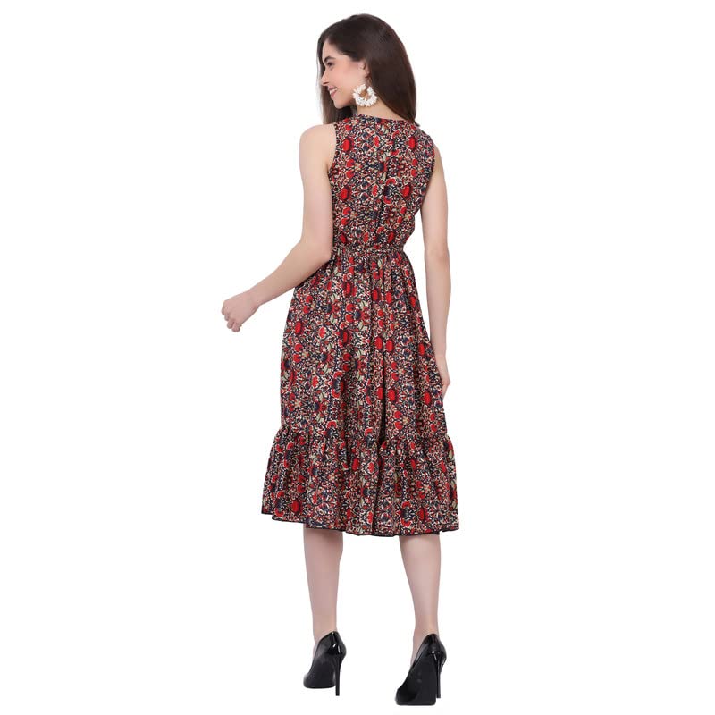 Image of Women's Crepe A-Line Knee Length Dress | Western Sleeveless Dress for Girls | Flared Frock | Frill Midi | Knee Gown