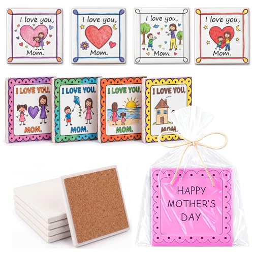 Vesici 24 Set Coaster Set Ceramic Tile Coasters Gifts Bulk for Mom with DIY Card Greeting Card Cellophane Bags Hemp Rope Making Kit for Crafts Family Activity Gift