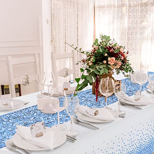 Image of Irenare 2 Pcs White and Blue Tablecloth and Sequin Table Runner Set Polka Dots Confetti Table Cover Dining Plastic Tablecloths Glitter Decorations for Birthday Wedding Anniversary Party Supplies
