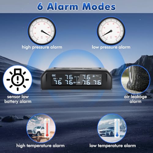 Tire Pressure Monitoring System,2025 Upgrade TPMS with 6 Sensors,Solar &USB Charging,LCD Display,6 Alarm Modes,Suitable for 6 Wheel Vehicles,Tire Monitoring System for Trucks/RV/Buses/Trailer(144psi) - Image 3