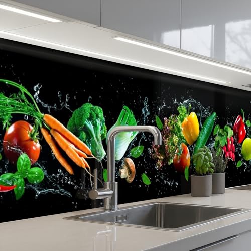 KitchenYeah Küchenrückwand Selbstklebend 60x300 cm Küchenspritzschutz Rückwand Wandschutz Ohne Bohren Spritzschutz Wand Wandverkleidung Gemüse - Spritzer - Schwarz