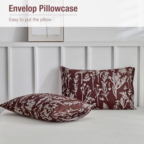 Image of Lekesky Floral Duvet Cover Queen Size, Burgundy Duvet Cover Queen Plant Flowers Pattern Bedding Set for All Season, Soft Breathable Comforter Cover with Zipper Closure & Corner Ties