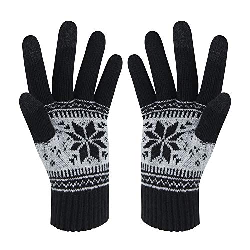 VENI MASEE Winter Touch Screen Gloves Snow Flower Printing Keep Warm for Women and Men, A1-men Black, One Size