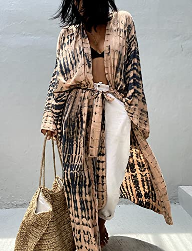 Women's Beach Cover Ups Open Front Tie Dye Maxi Cardigan Kimono Swimsuit with Belts2