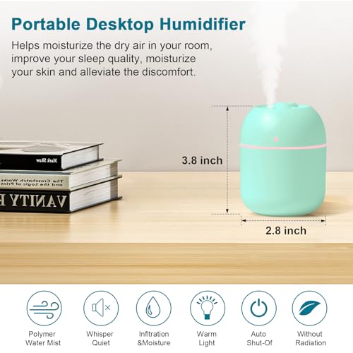 Image of Portable Small Humidifier, USB Personal Desktop Humidifier for Car, Office Room, Bedroom, Auto Shut-Off, 2 Mist Modes, Super Quiet, 220ml, Green