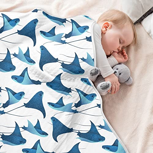 Image of Swaddle Blanket Manta Ray Fish Marine Animal Cotton Blanket for Infants, Receiving Blanket, Lightweight Soft Swaddling Blanket for Crib, Stroller, Nursery Blankets, 30X40In White