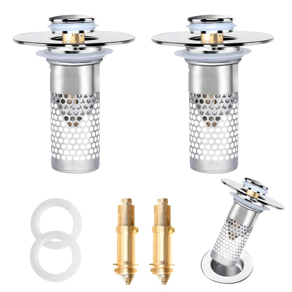 PopUp Drain Strainer Stopper Upgraded for Bathroom Sink with Stainless Steel Filter Basket