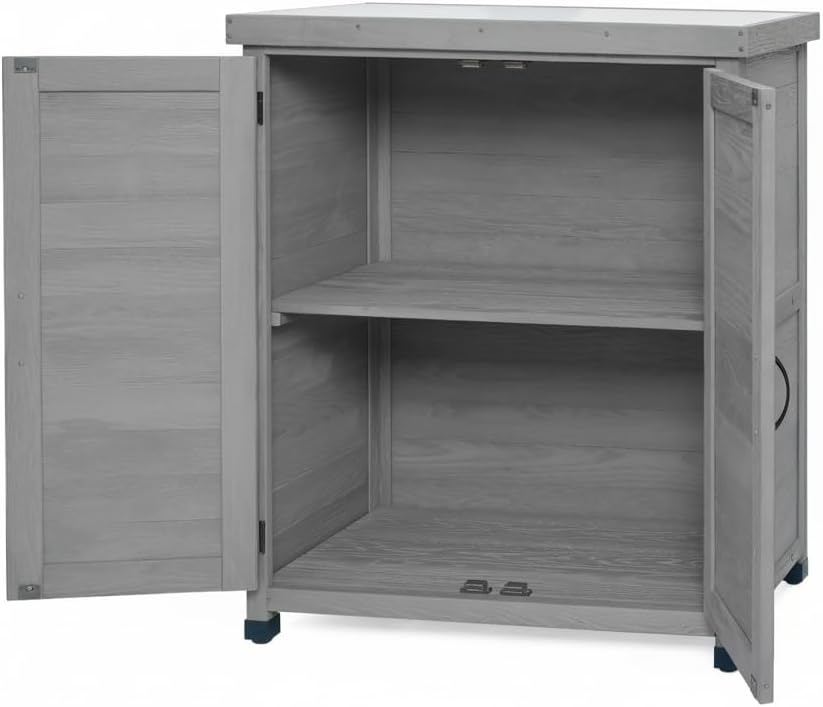 Outdoor Potting Bench with Metal Table Top, Work Station Table with Storage Cabinet & Vented Louvered Doors,Wooden Tool Station Shed for Backyard,Patio,Lawn Gardening (Gray)