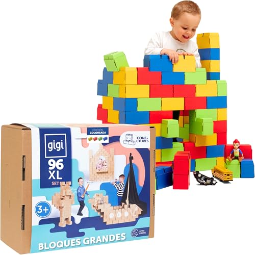 GIGI BLOKS Tamaño XL 96 Ladrillos de Cartón Colores Encajables y Apilables | Robustos y Fáciles de Montar Grandes Bloques Construccion Niños | Kit Construcción Fuerte Niños | Juegos Educativos