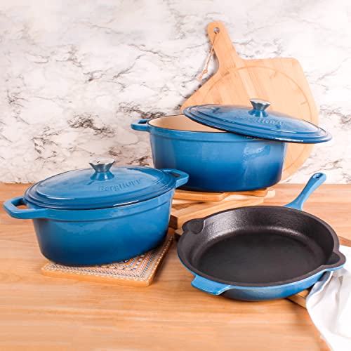 BergHOFF Neo 5Pc Enameled Cast Iron Cookware Set, 5qt., 8qt. Dutch Ovens, Matching Lids, Fry Pan 10 Inches, Fast, Evenly Heat, Oven Safe (Blue)