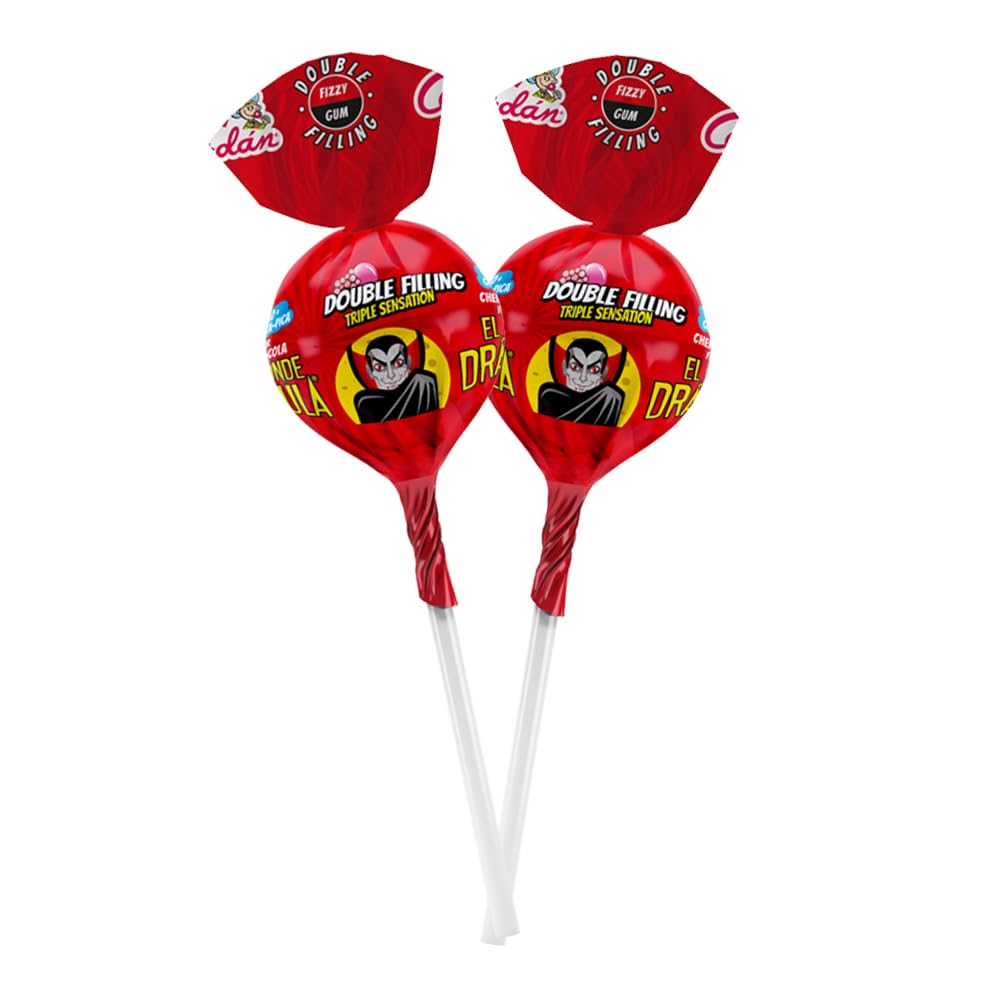 Caramelos Cerdán - Chupas Conde Drácula Cereza y Cola Doble Relleno Gigante de Pica Pica y Chicle | 35 Unidades, Triple Sensación, Sin Gluten ni Alérgenos | Ideal para Halloween, Fiestas y Cumpleaños