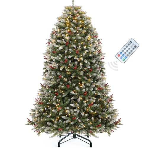 YITAHOME 6FT Prelit Frosted Green Artificial Christmas Tree with Remote, Pre-Decorated Christmas Tree w/ 1838 Tips, 80 Pine Cones & 80 Berries, 450 Warmwhite & Multi-Color Lights, 11 Modes,