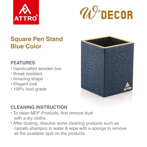 Image of Attro Pen Stand Wooden Designer Square Pen Holder Multipurpose Wooden Desk Organizer Perfect for Study Table, Office Desk- Blue