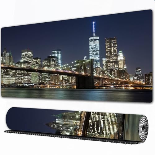 FEHWI Grand Tapis de Souris de Jeu avec Bords surpiqués et Dos antidérapant,sous-Main pour Clavier et Souris,New York, NYC Skyline de New York Pont de Brooklyn Vue Nocturne Photographie Pano,90×40 cm