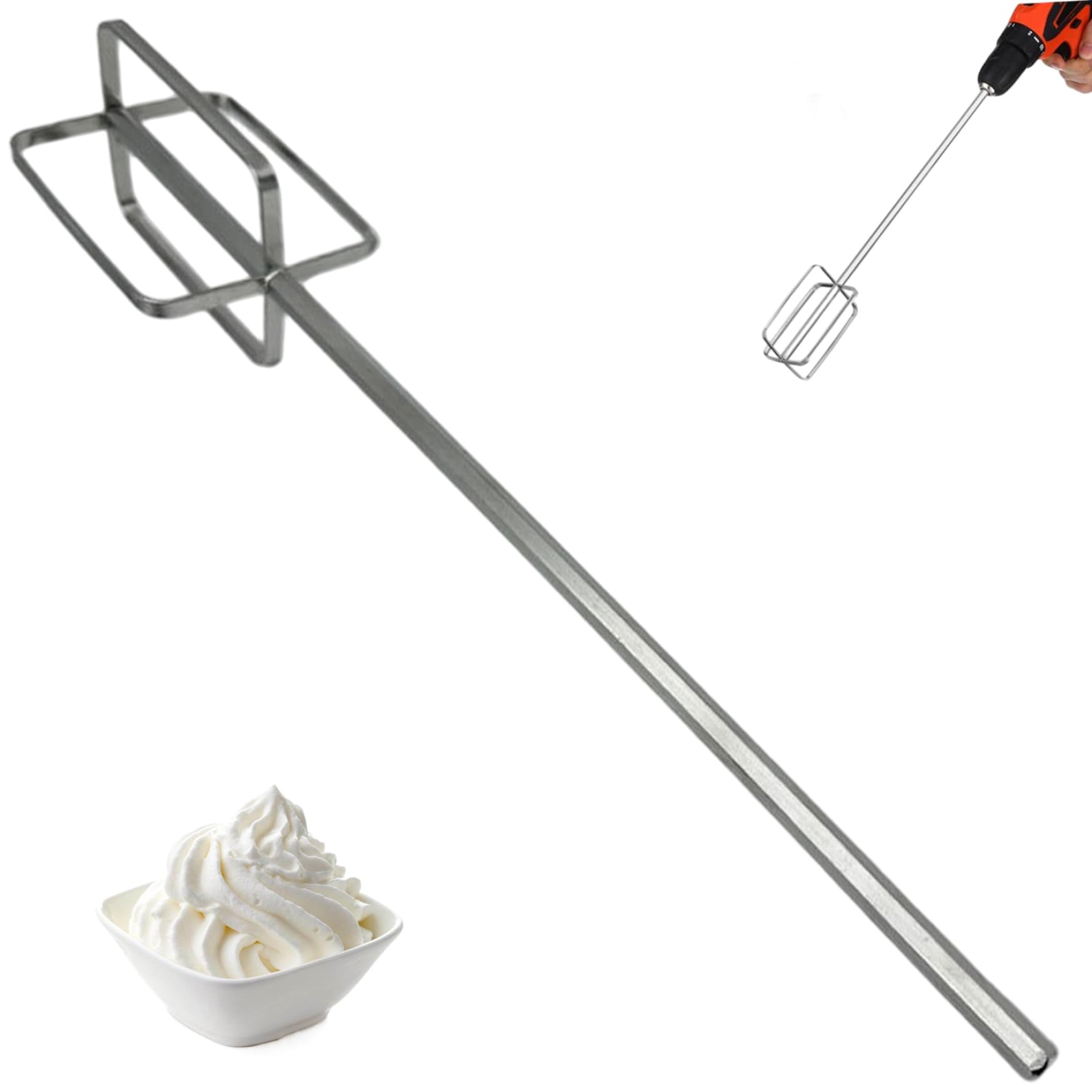 Muzrunq Drill Mixer Attachment Stainless Steel Stirring Rod Hand Mixer Attachments Reinforced Meat Paste Whisk Extended for Household and Construction Kitchen Drill Attachment