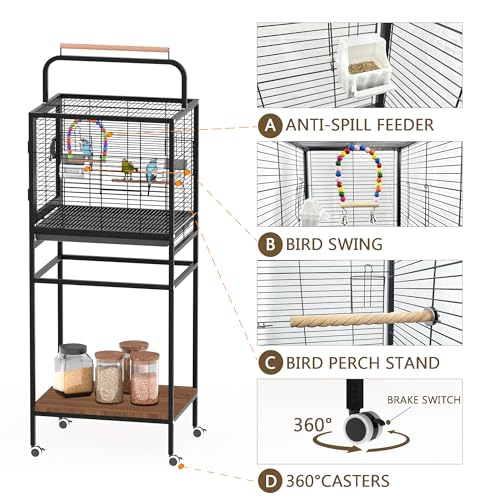 Image of Bird Wrought Iron Cage, Home Style Detachable Travel Birdcage for Small and Medium Birds Parrots Lovebird Conures Cockatiel,Black,52-Inch